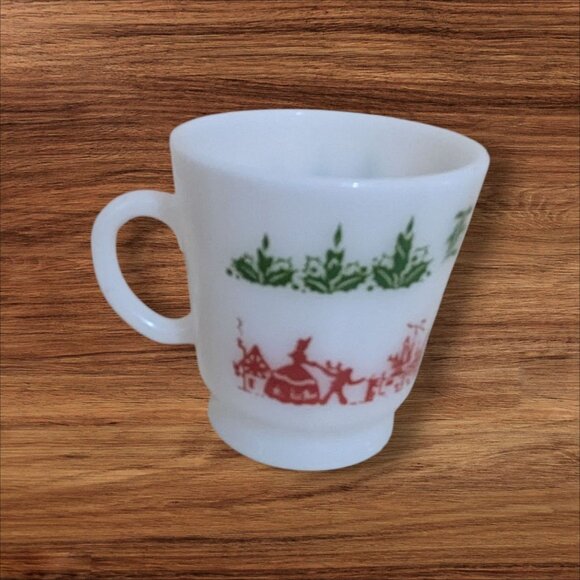 Hazel Atlas Egg Nog Holiday Milk Glass Mug Festive Red & Green Vintage Design - Picture 2 of 9